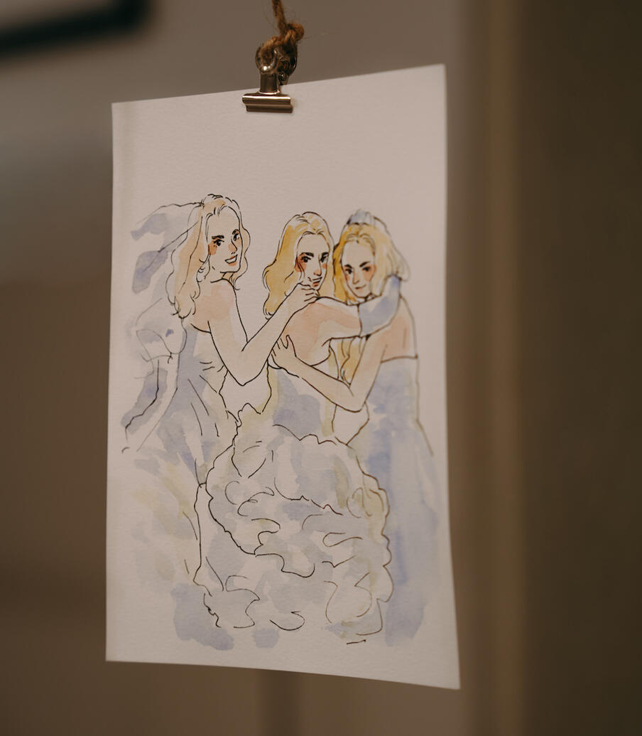 Akvarellportrett av brude-trio. Akvarellportrett av brude-trio.